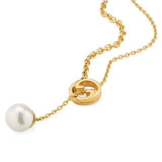 Gucci GG Circle Pearl Drop Gold Pendant Necklace
