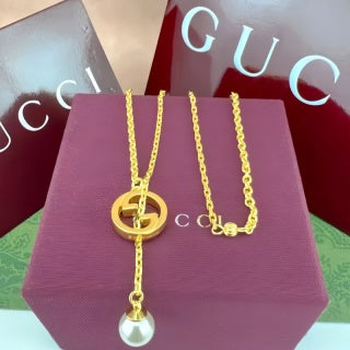 Gucci GG Circle Pearl Drop Gold Pendant Necklace