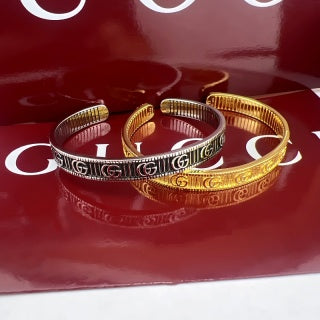 Gucci GG Engraved Open Cuff Gold & Silver Bracelet