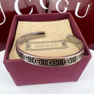 Gucci GG Engraved Open Cuff Gold & Silver Bracelet