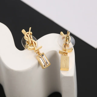 YSL Monogram Crystal Tag Drop Earrings