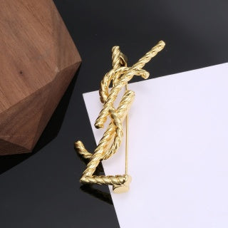 YSL Twisted Rope Monogram Gold Brooch